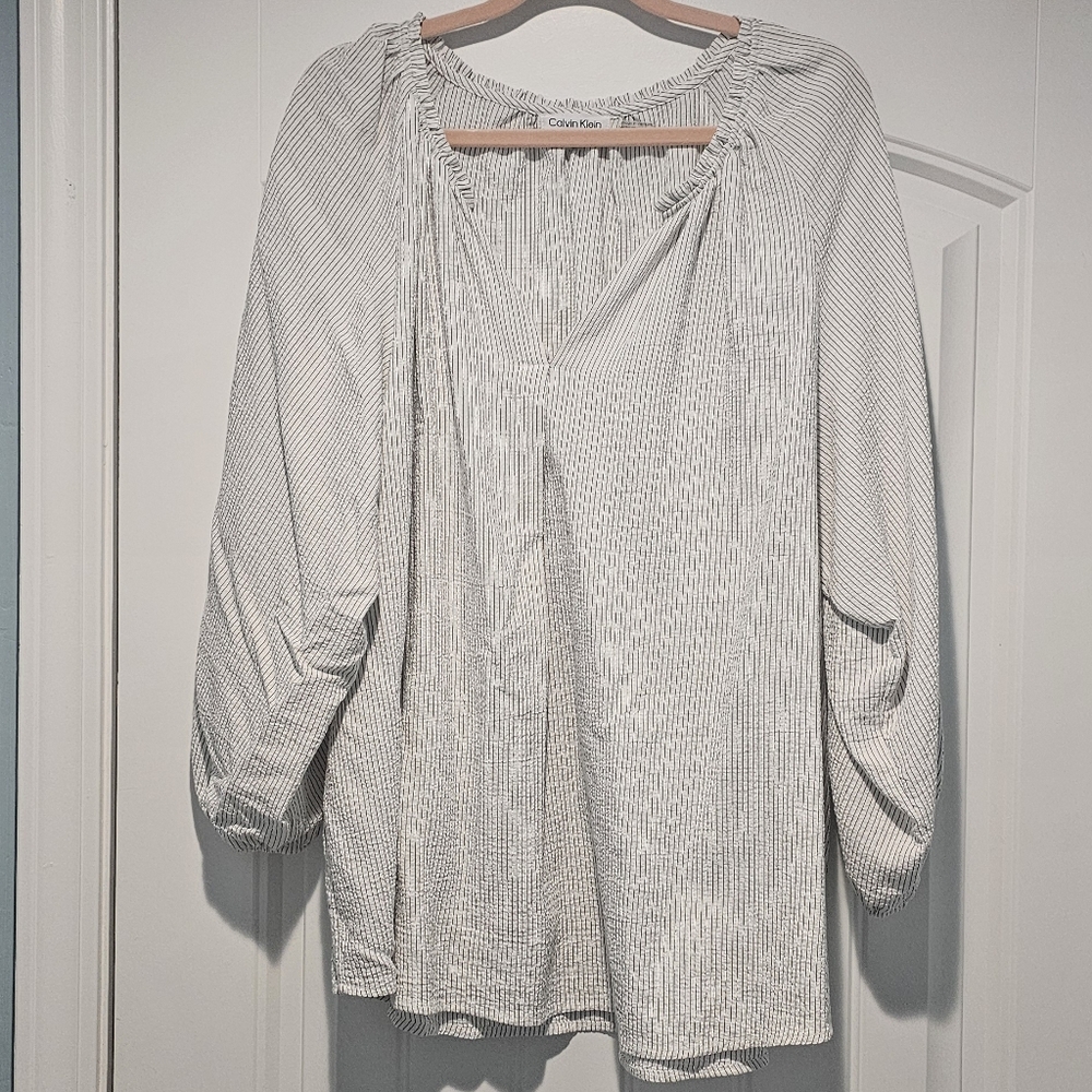 Calvin Klein White Blouse with Black Pinstripes xl
